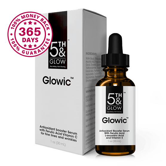 Glowic serum with 365-day money-back guarantee badge