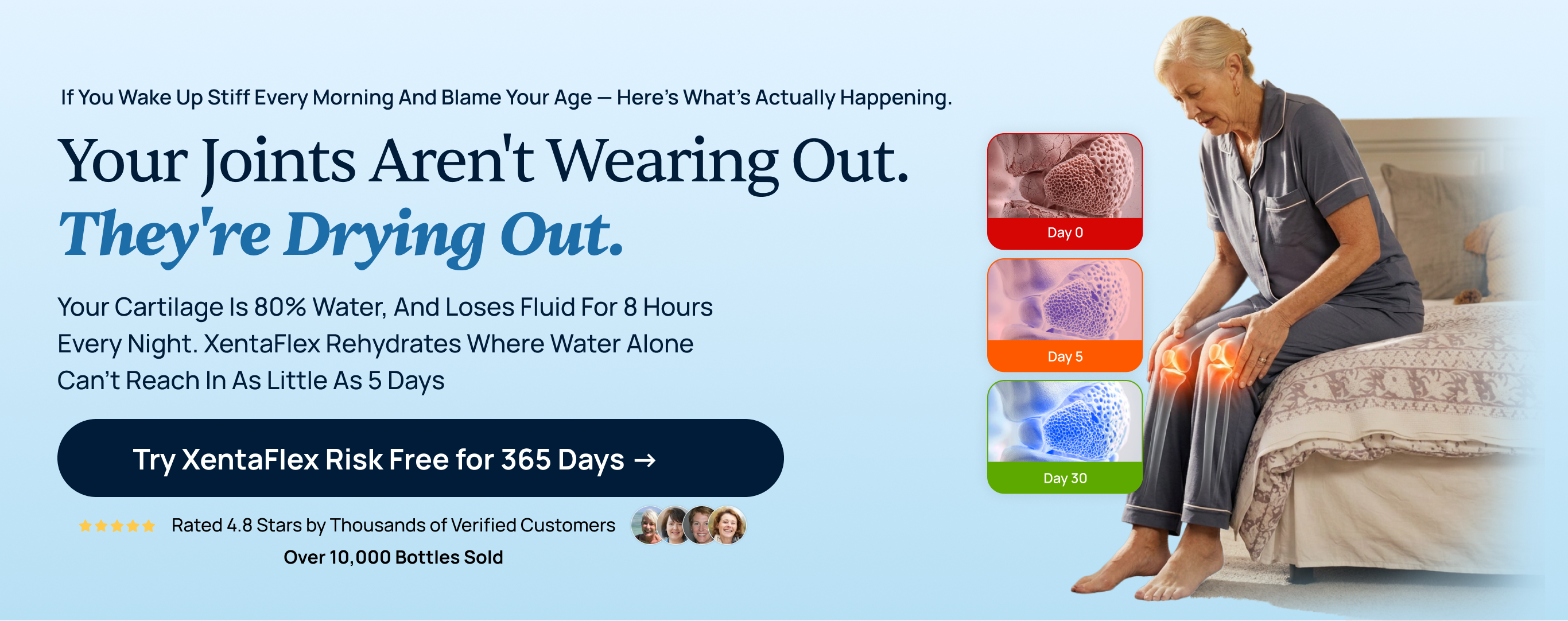 Your joints aren't wearing out — they're drying out. Try XentaFlex risk free for 365 days.