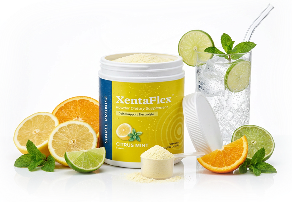 XentaFlex product with citrus, mint, and a glass of water